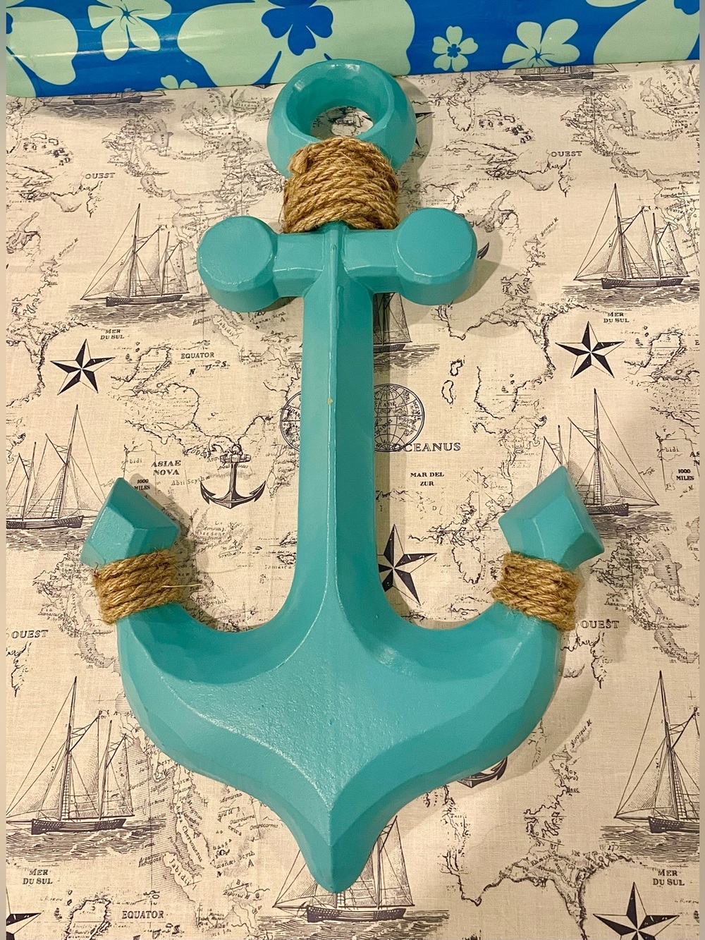 Teal Wooden Anchor Wall Décor with Jute Rope – Coastal Nautical Decor